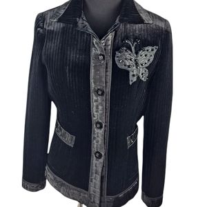 Jo Nandan Black Velvet With Butterfly Jacket Fully Lined Womans Size L.